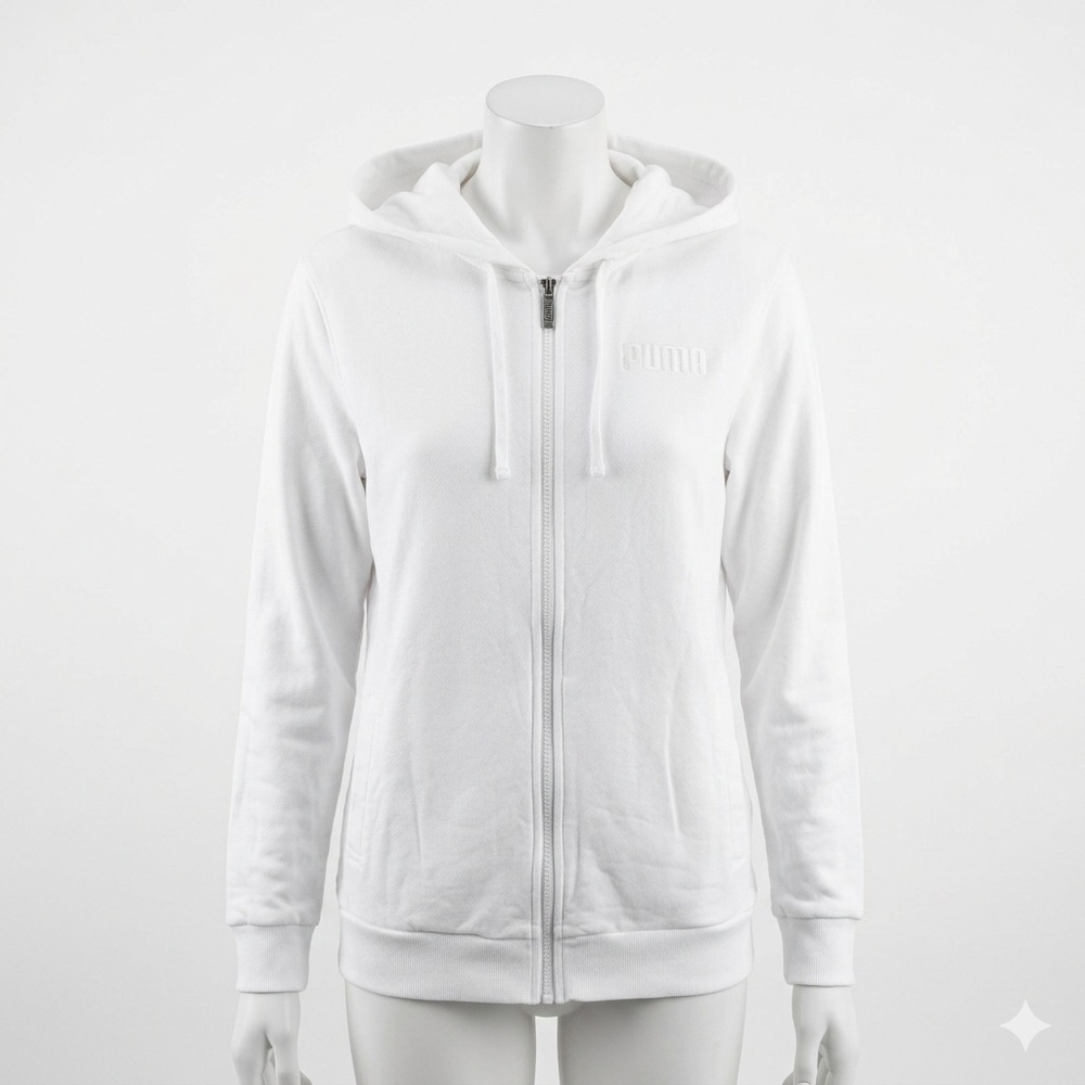 Puma White Full Zip Hoodie Sweatshirt Tonal Embroidered Logo Women’s Medium